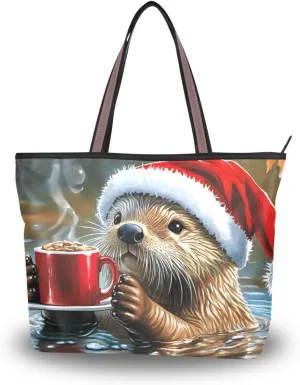 Otter Coffee Christmas Hat Tote Bag for Women Durable Designer Handbag with Zipper for Daily Use Travel L