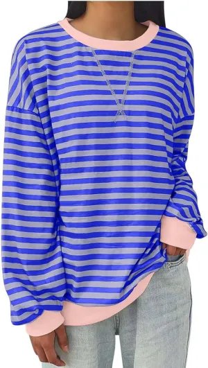 Oversized Tshirts for Women Long Sleeve Crewneck Striped Tops Casual Loose Tunic Top Fashion Dressy Tee Sweatshirts
