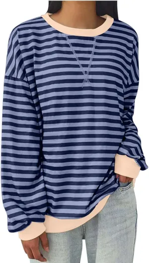 Oversized Tshirts for Women Long Sleeve Crewneck Striped Tops Casual Loose Tunic Top Fashion Dressy Tee Sweatshirts