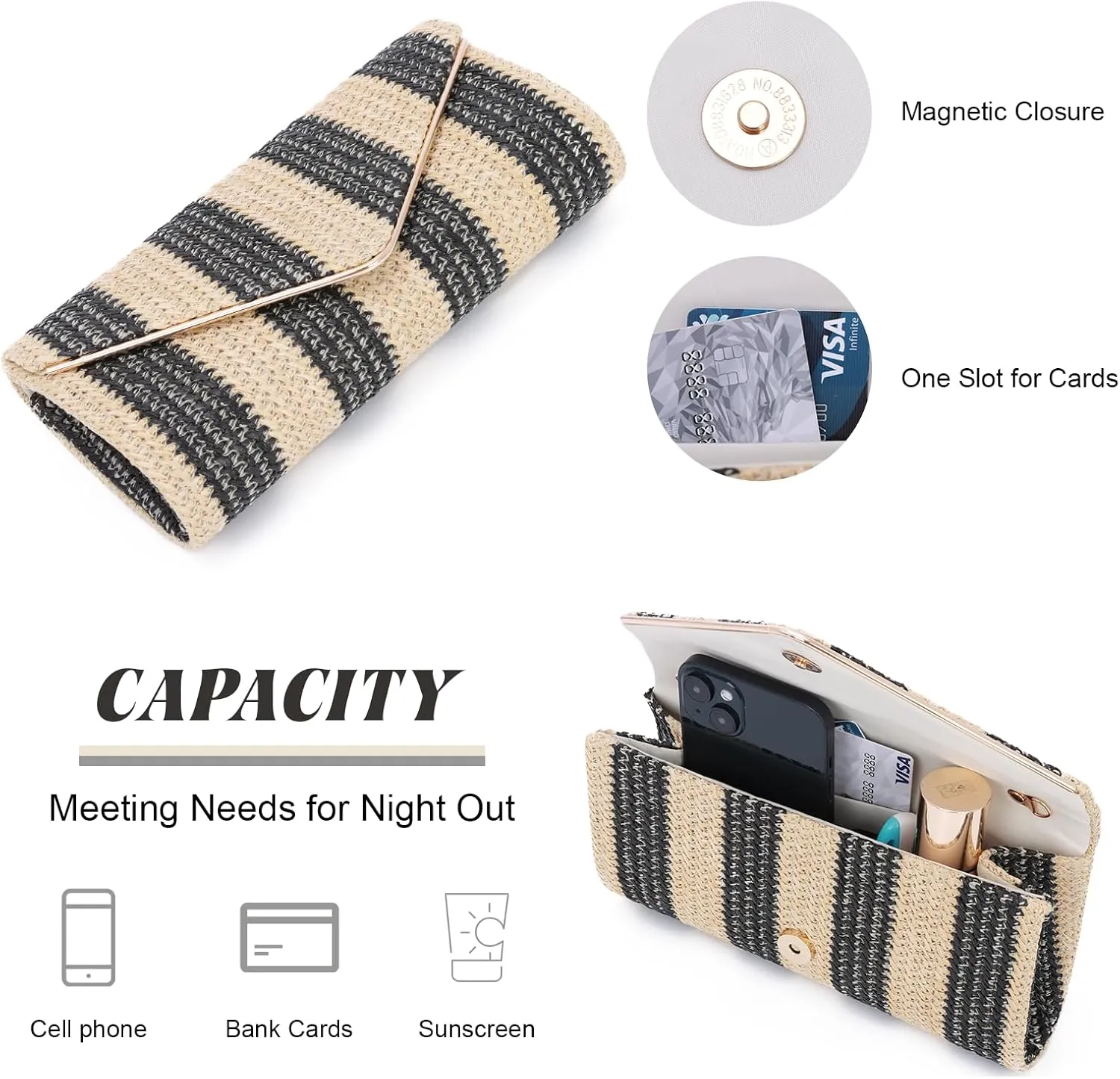 Oweisong Striped Straw Purse for Women Summer Envelope Clutch Purse Woven Beach Shoulder Bag Vacation Handbag