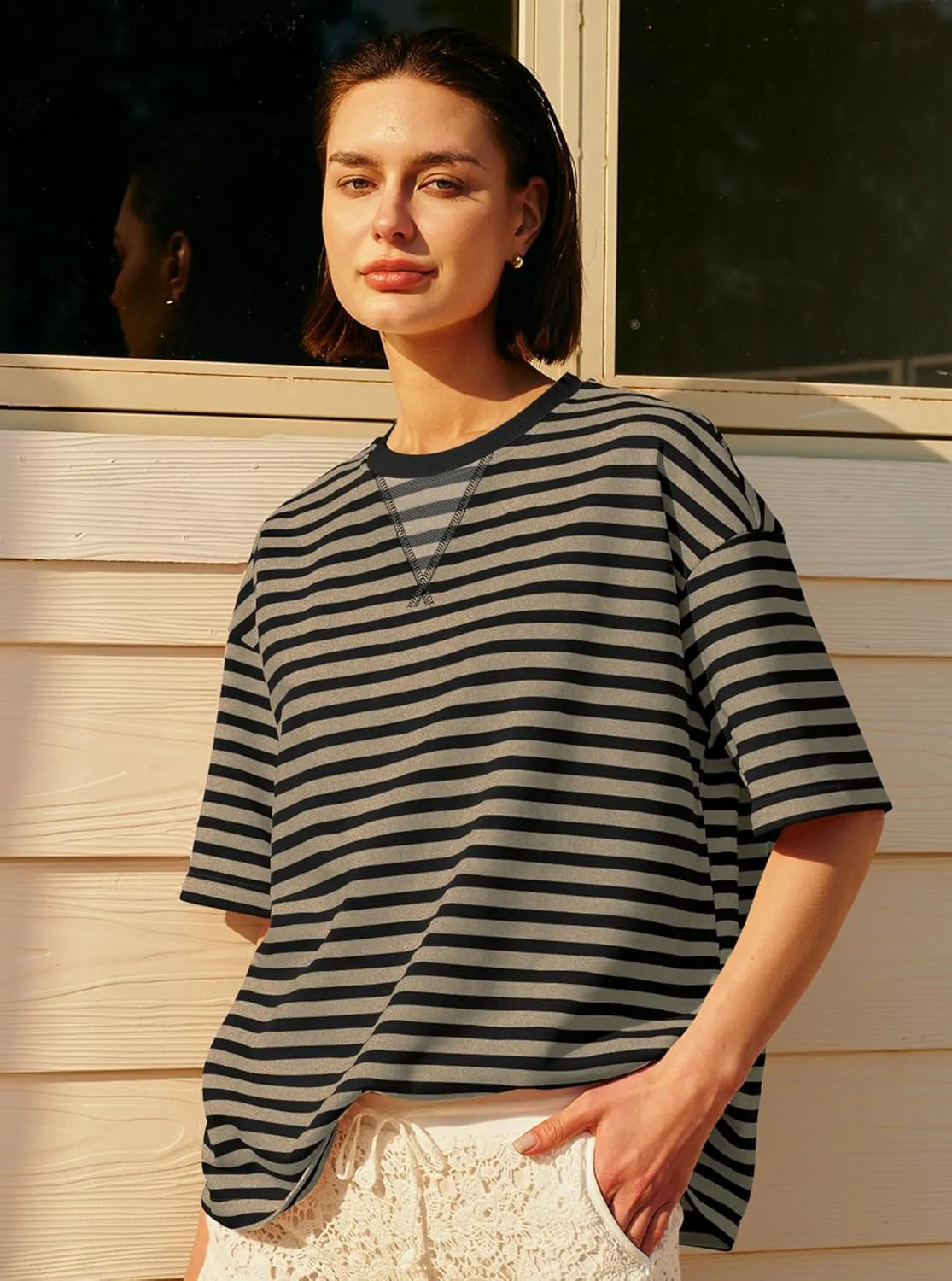 Panadila Womens Striped Short Sleeve Tunic Tops Oversized Crewneck T Shirt Casual Loose Fit Color Block Sweatshirt