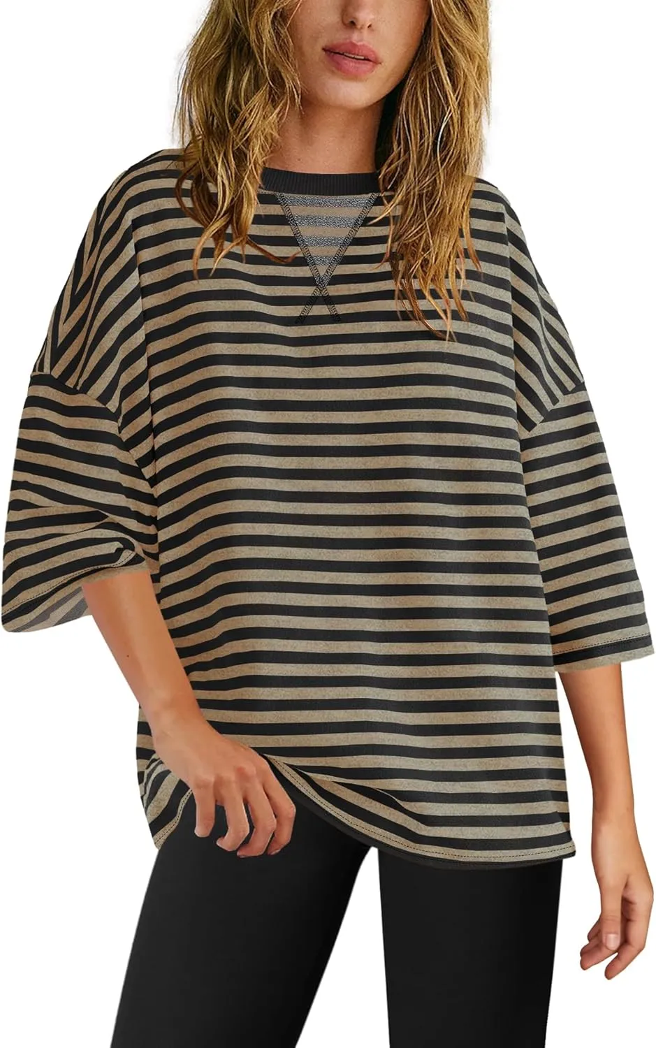 Panadila Womens Striped Short Sleeve Tunic Tops Oversized Crewneck T Shirt Casual Loose Fit Color Block Sweatshirt