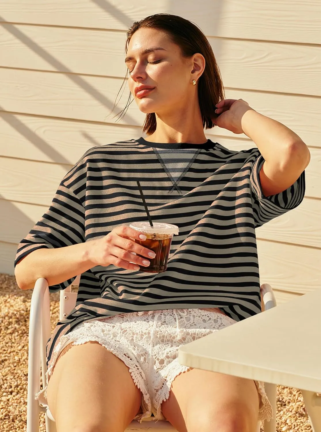 Panadila Womens Striped Short Sleeve Tunic Tops Oversized Crewneck T Shirt Casual Loose Fit Color Block Sweatshirt