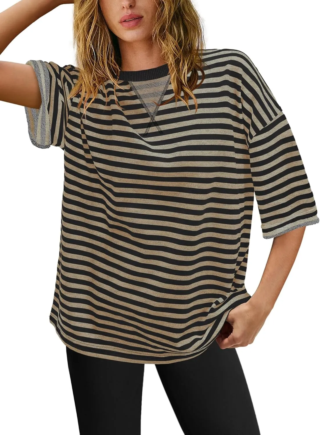 Panadila Womens Striped Short Sleeve Tunic Tops Oversized Crewneck T Shirt Casual Loose Fit Color Block Sweatshirt