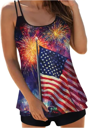 Patriotic Swimsuits for Women 4th of July Bathing Suit Two Piece Swimsuit Halter Star Striped Print Tankini Set