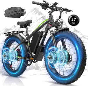 Peak 5000W Electric Bike,Fast 47MPH 52V 32AH Battery Dual Motor Ebike for Adults with Rear Bag UL Certified 100 Miles Long Range E Bike 24Inch Fat Tire Commuter Electric Bicycle for Men Women