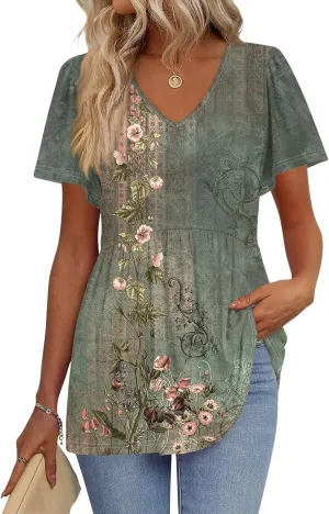 Peplum Tops for Women Summer Puff Short Sleeve Babydoll Vneck Tshirts Shirts Dressy Casual Tunic Tops with Leggings
