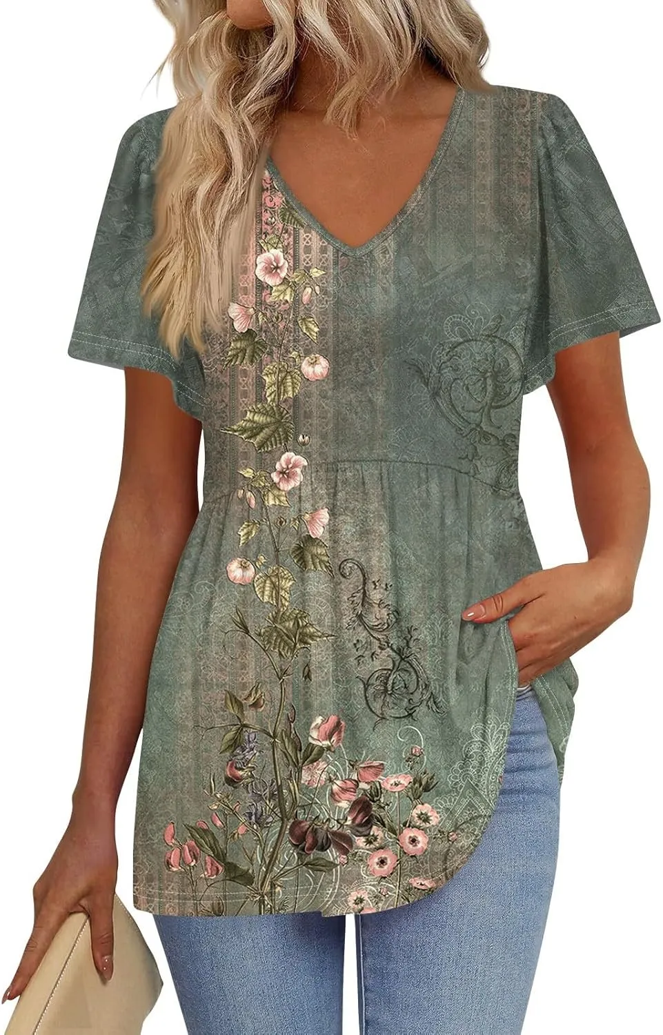 Peplum Tops for Women Summer Puff Short Sleeve Babydoll Vneck Tshirts Shirts Dressy Casual Tunic Tops with Leggings