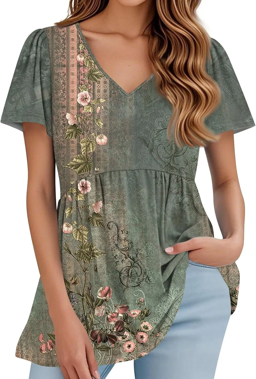 Peplum Tops for Women Summer Puff Short Sleeve Babydoll Vneck Tshirts Shirts Dressy Casual Tunic Tops with Leggings