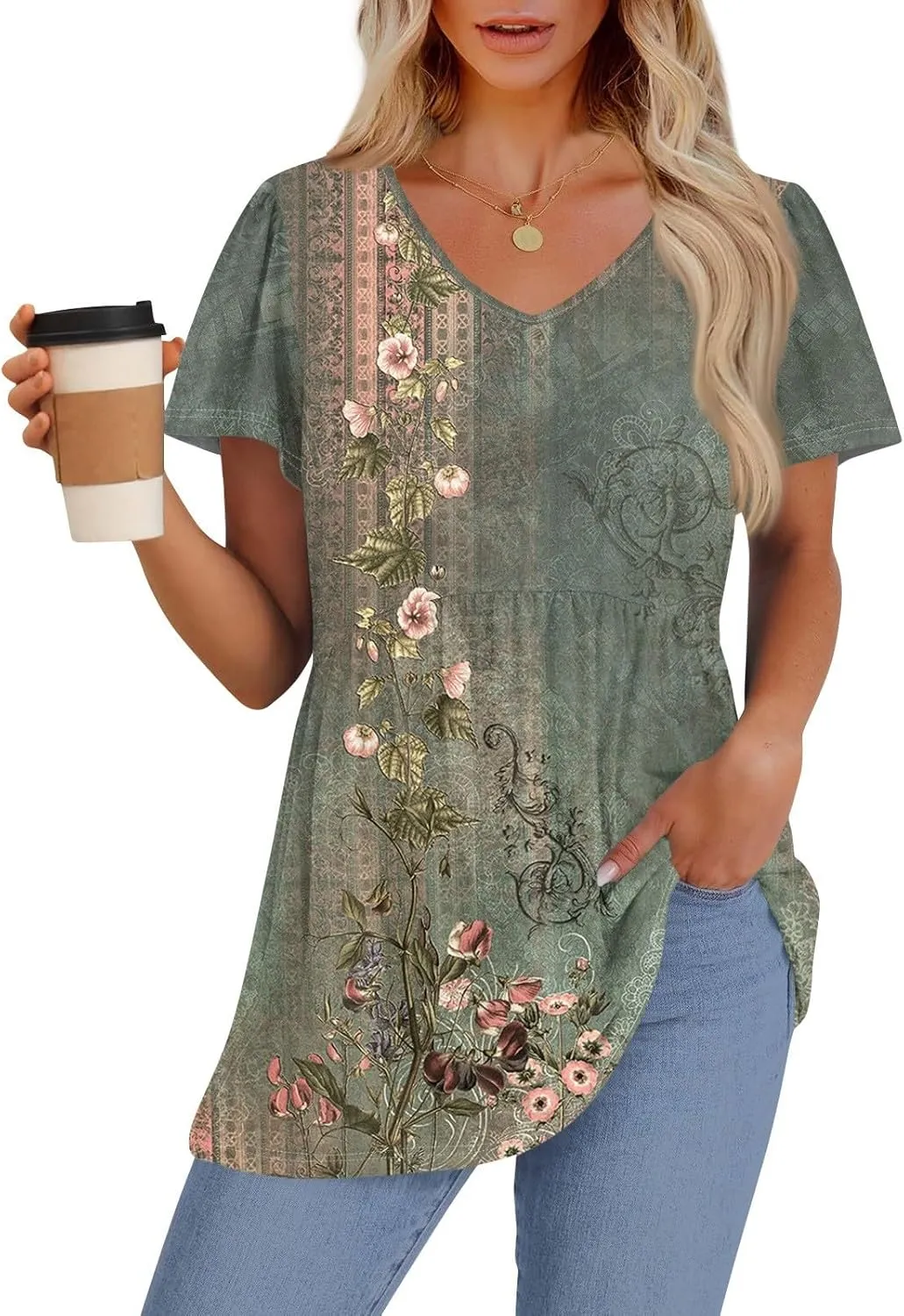 Peplum Tops for Women Summer Puff Short Sleeve Babydoll Vneck Tshirts Shirts Dressy Casual Tunic Tops with Leggings