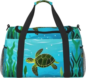 Personalized Sports Duffel Bags Gym Bag Dance Bag, Personalized Custom Travel Duffle Bag Tote Bag, Customized Travel Bag Overnight Weekender Sleepover Bag, Cartoon Sea Turtle Seaweed