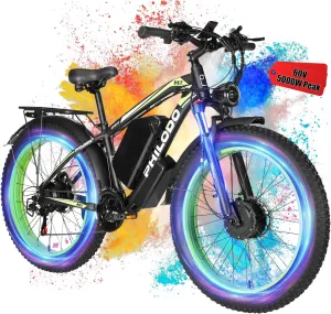 PHILODO 60V 26AH Electric Bike for Adults, 5000W Peak Dual Motor Fat Tire Ebike 45MPH Electric Bicycles 50-70Miles Hydraulic Disc Brakes