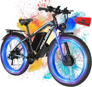 PHILODO 60V 26AH Electric Bike for Adults, 5000W Peak Dual Motor Fat Tire Ebike 45MPH Electric Bicycles 50-70Miles Hydraulic Disc Brakes