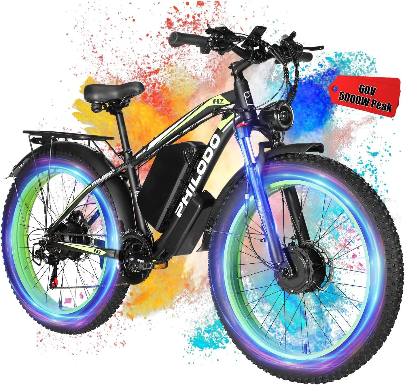 PHILODO 60V 26AH Electric Bike for Adults, 5000W Peak Dual Motor Fat Tire Ebike 45MPH Electric Bicycles 50-70Miles Hydraulic Disc Brakes