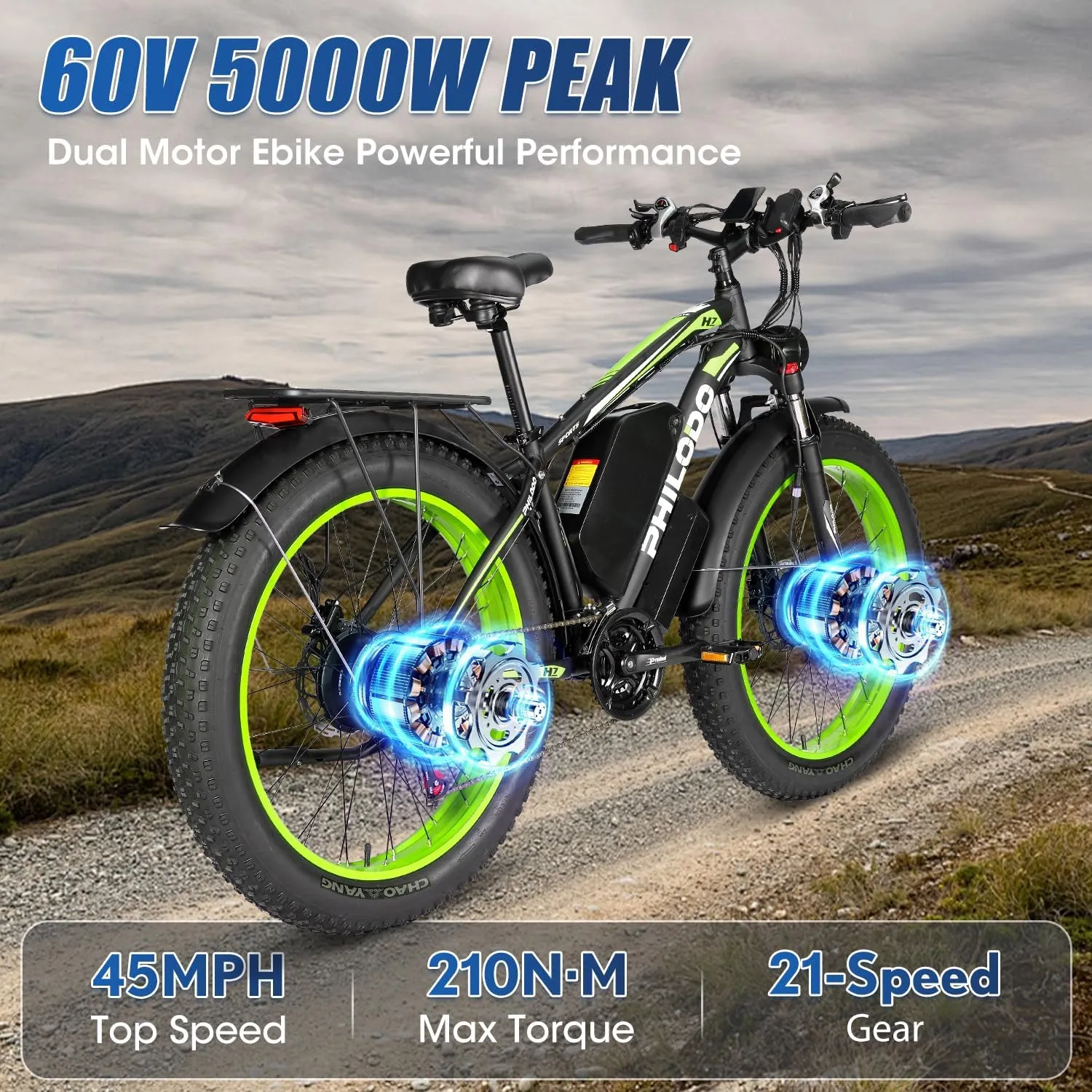 PHILODO 60V 26AH Electric Bike for Adults, 5000W Peak Dual Motor Fat Tire Ebike 45MPH Electric Bicycles 50-70Miles Hydraulic Disc Brakes