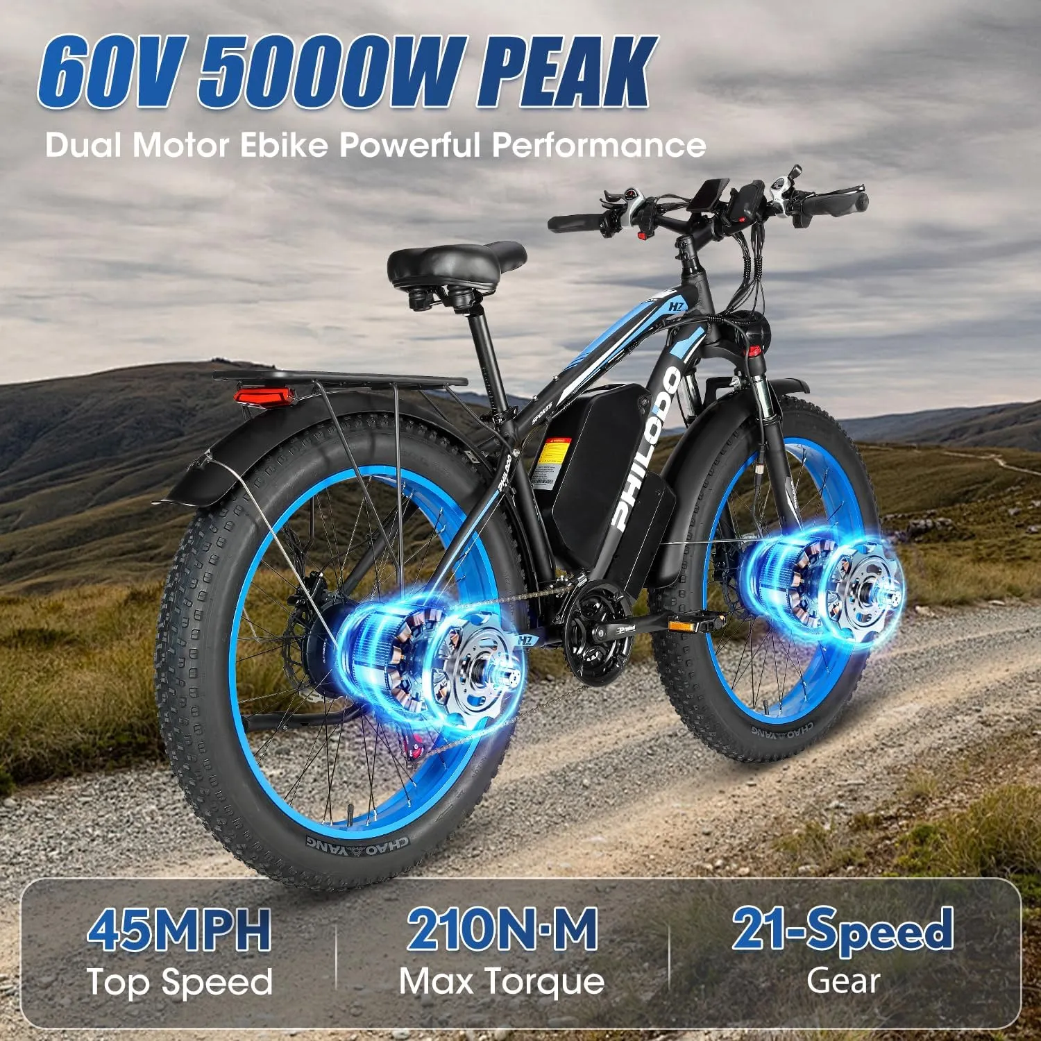 PHILODO 60V 26AH Electric Bike for Adults, 5000W Peak Dual Motor Fat Tire Ebike 45MPH Electric Bicycles 50-70Miles Hydraulic Disc Brakes