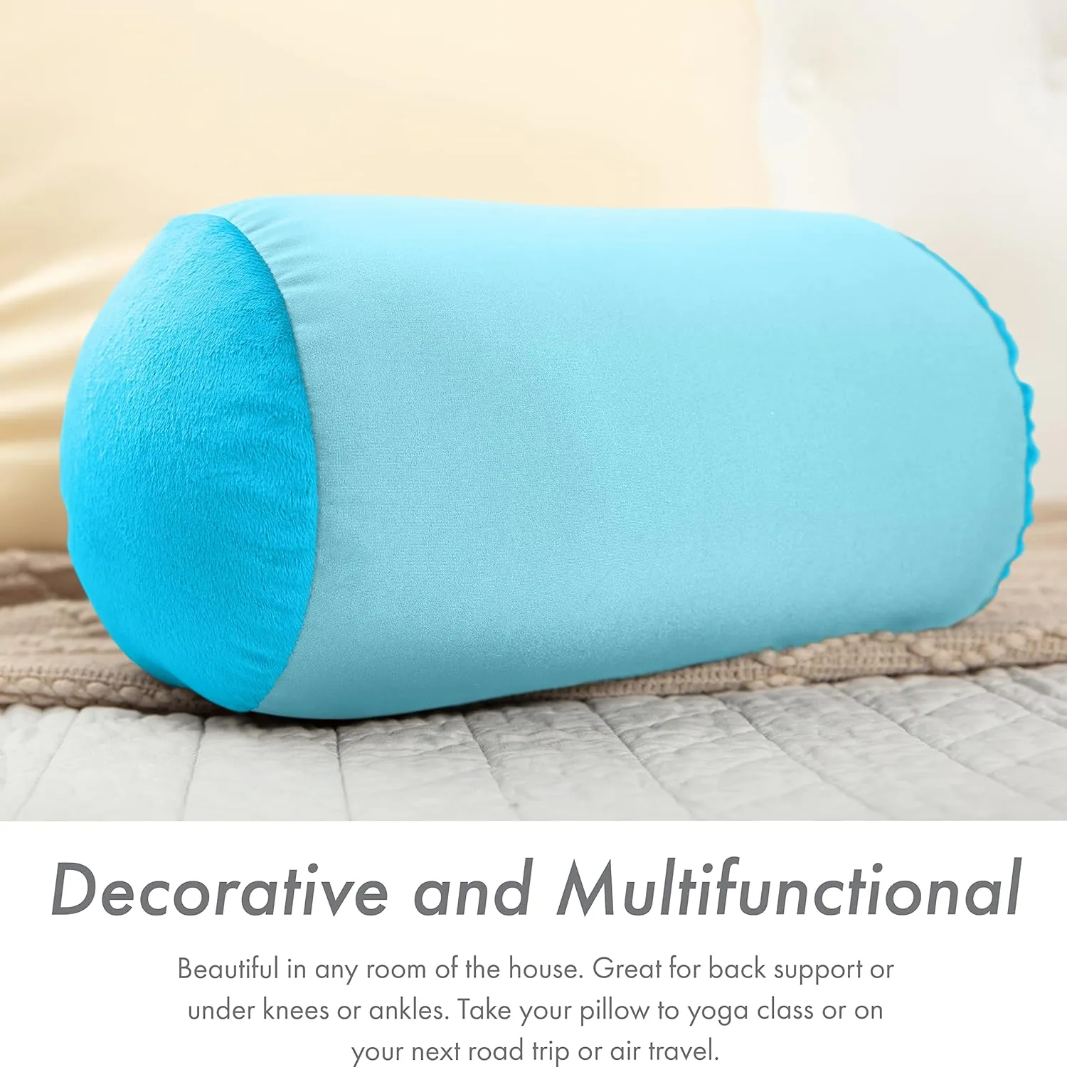 PILLOWY Microbead Bolster Neck Roll Pillow, Gently On Body, Head, Neck & Shoulders No Pain Rest, Relax Sleep - Silky Feel Prevent Wrinkles & Hair Breakage - Lightweight Cylinder, 14" x 8", Aqua Green