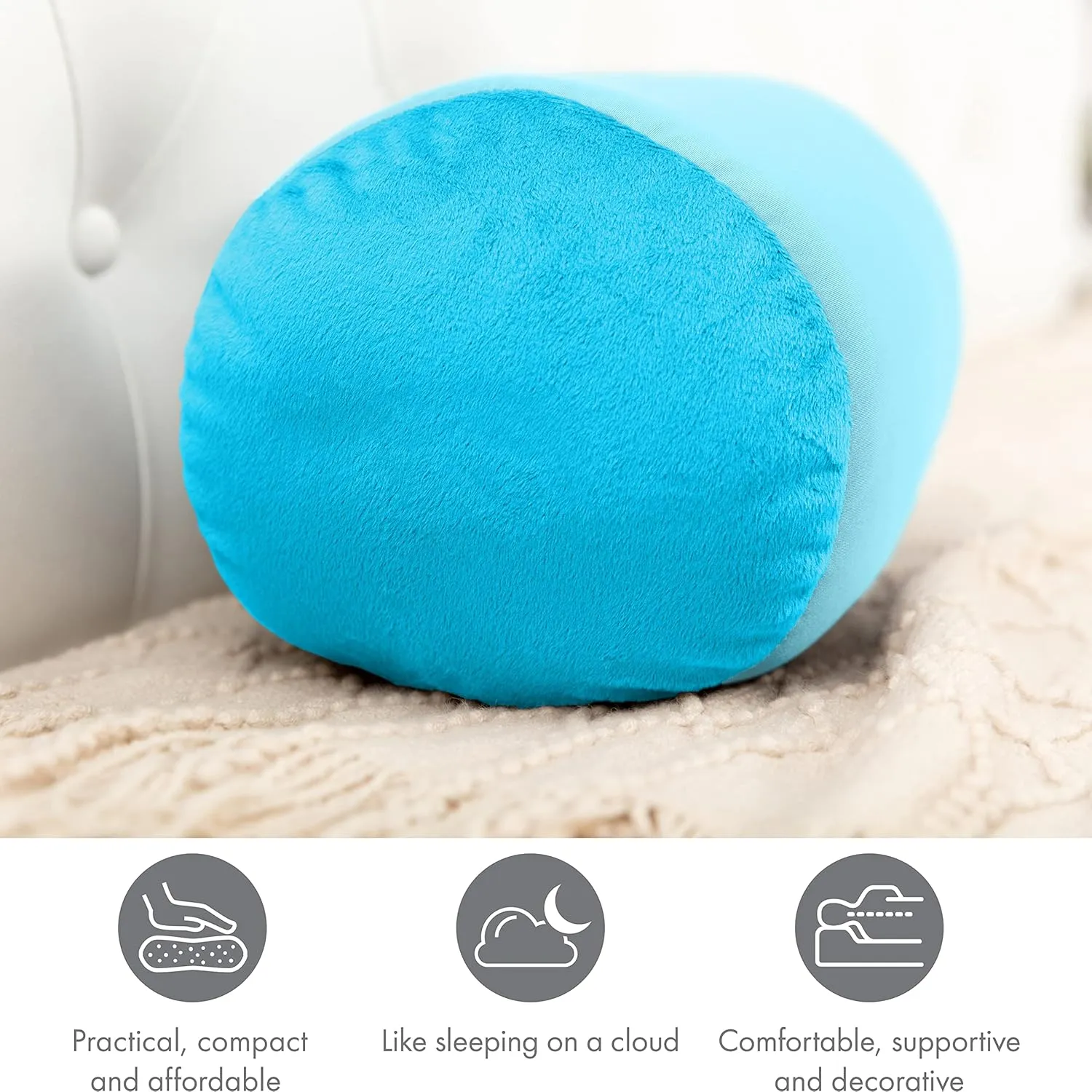 PILLOWY Microbead Bolster Neck Roll Pillow, Gently On Body, Head, Neck & Shoulders No Pain Rest, Relax Sleep - Silky Feel Prevent Wrinkles & Hair Breakage - Lightweight Cylinder, 14" x 8", Aqua Green