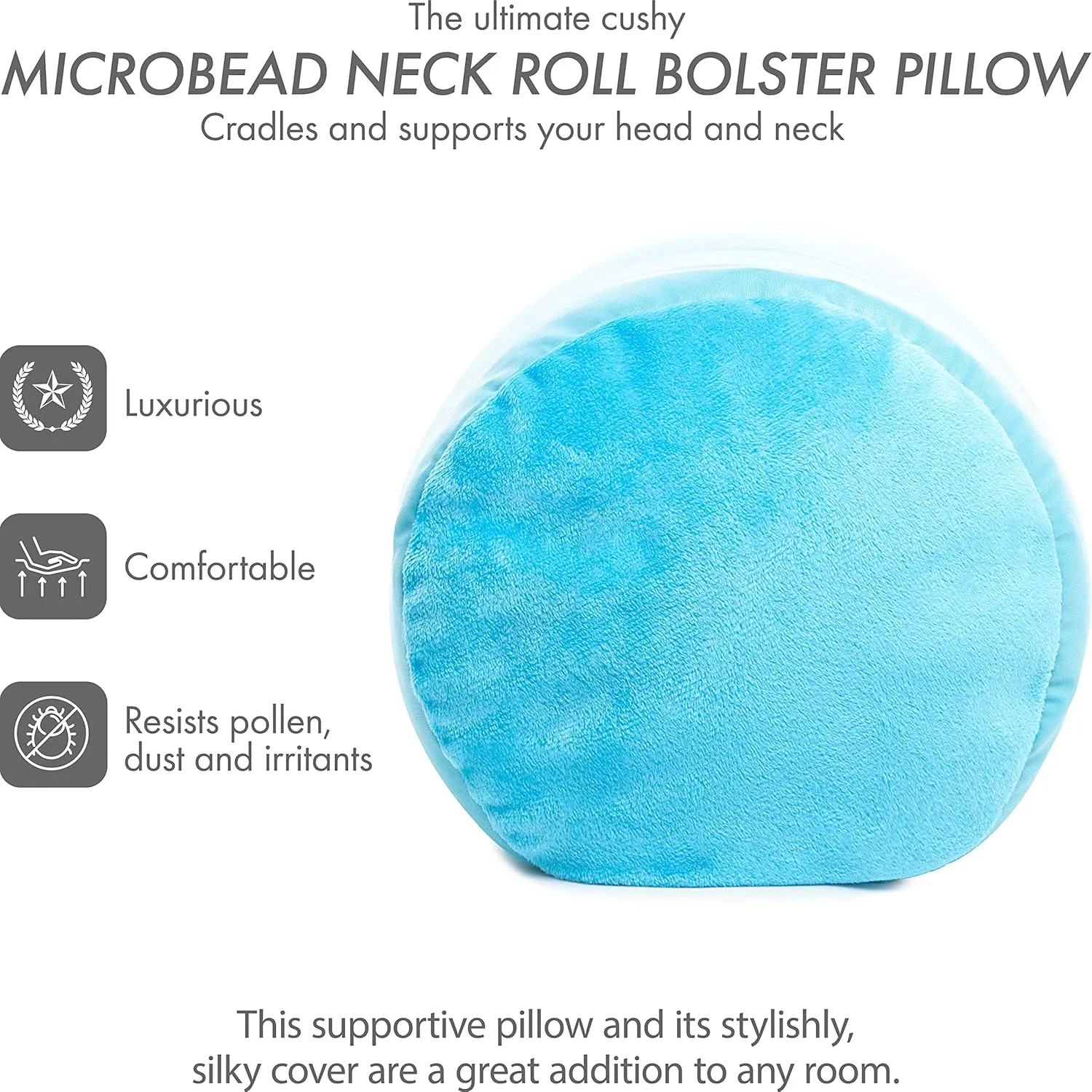 PILLOWY Microbead Bolster Neck Roll Pillow, Gently On Body, Head, Neck & Shoulders No Pain Rest, Relax Sleep - Silky Feel Prevent Wrinkles & Hair Breakage - Lightweight Cylinder, 14" x 8", Aqua Green