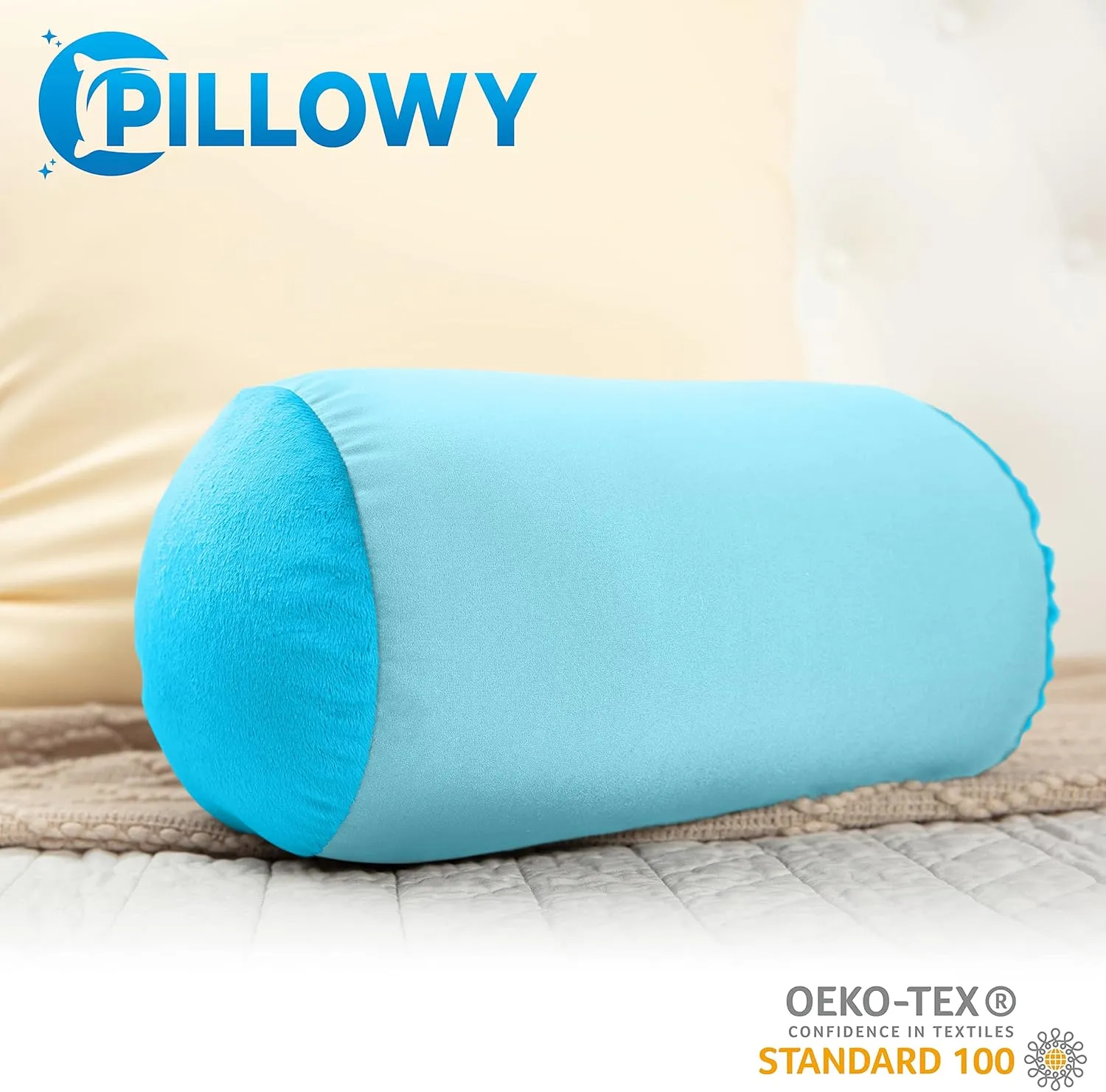 PILLOWY Microbead Bolster Neck Roll Pillow, Gently On Body, Head, Neck & Shoulders No Pain Rest, Relax Sleep - Silky Feel Prevent Wrinkles & Hair Breakage - Lightweight Cylinder, 14" x 8", Aqua Green