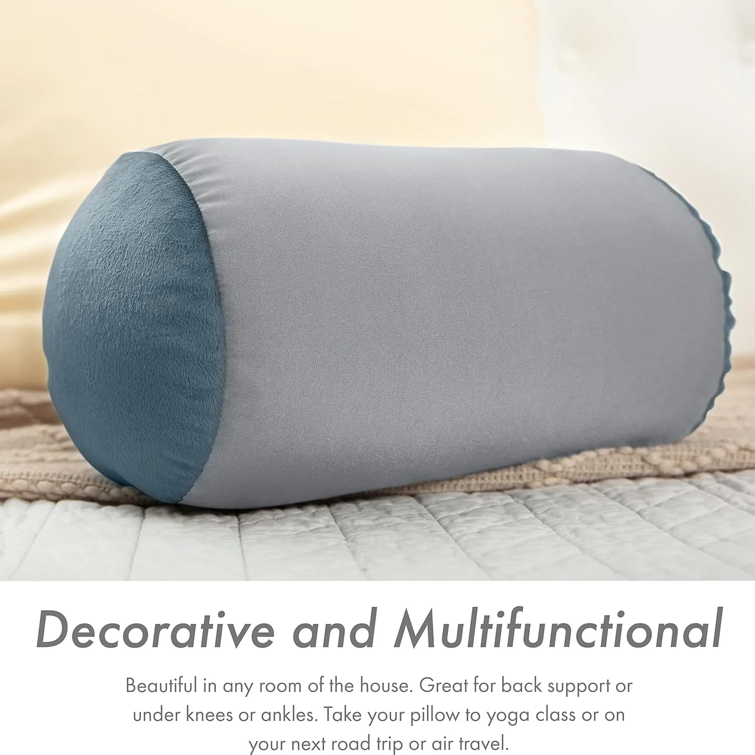 PILLOWY Microbead Bolster Neck Roll Pillow, Gently On Body, Head, Neck & Shoulders No Pain Rest, Relax Sleep - Silky Feel Prevent Wrinkles & Hair Breakage - Lightweight Cylinder, 14" x 8", Cool Grey