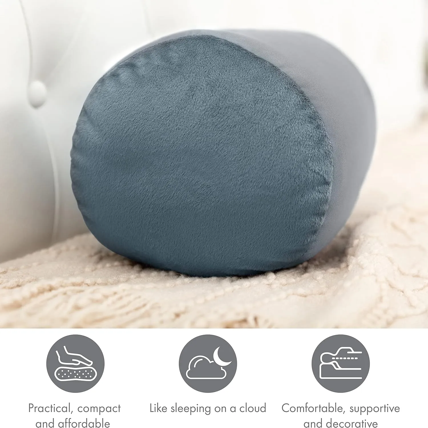PILLOWY Microbead Bolster Neck Roll Pillow, Gently On Body, Head, Neck & Shoulders No Pain Rest, Relax Sleep - Silky Feel Prevent Wrinkles & Hair Breakage - Lightweight Cylinder, 14" x 8", Cool Grey