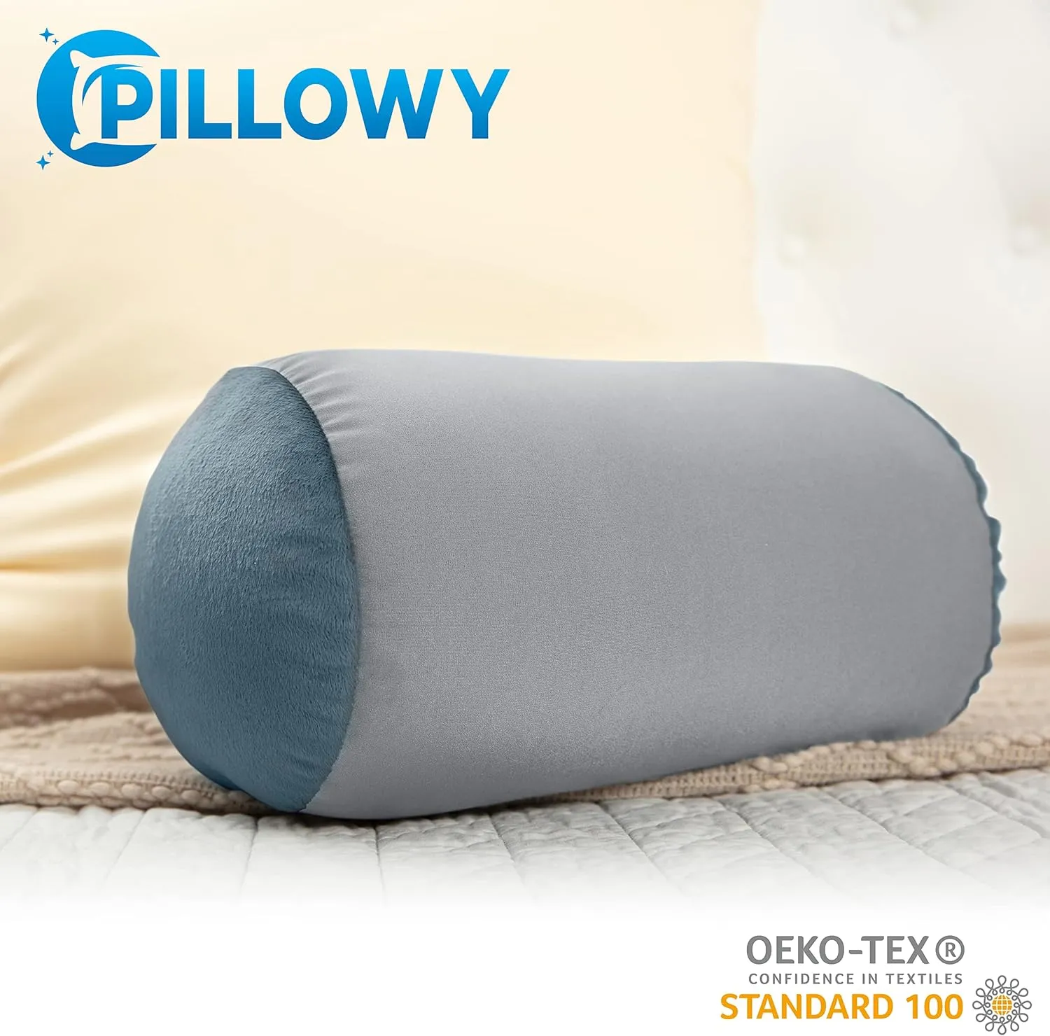 PILLOWY Microbead Bolster Neck Roll Pillow, Gently On Body, Head, Neck & Shoulders No Pain Rest, Relax Sleep - Silky Feel Prevent Wrinkles & Hair Breakage - Lightweight Cylinder, 14" x 8", Cool Grey