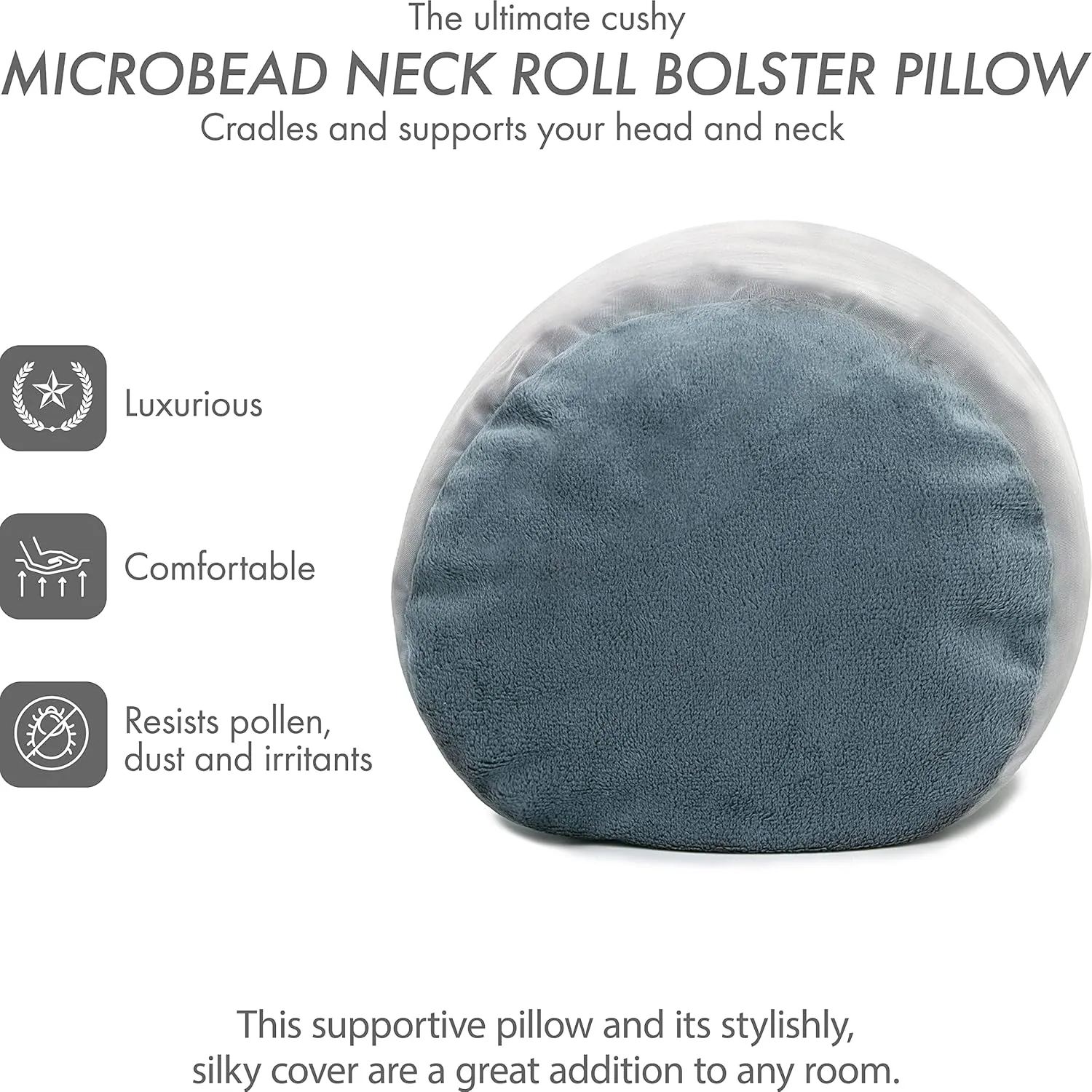 PILLOWY Microbead Bolster Neck Roll Pillow, Gently On Body, Head, Neck & Shoulders No Pain Rest, Relax Sleep - Silky Feel Prevent Wrinkles & Hair Breakage - Lightweight Cylinder, 14" x 8", Cool Grey