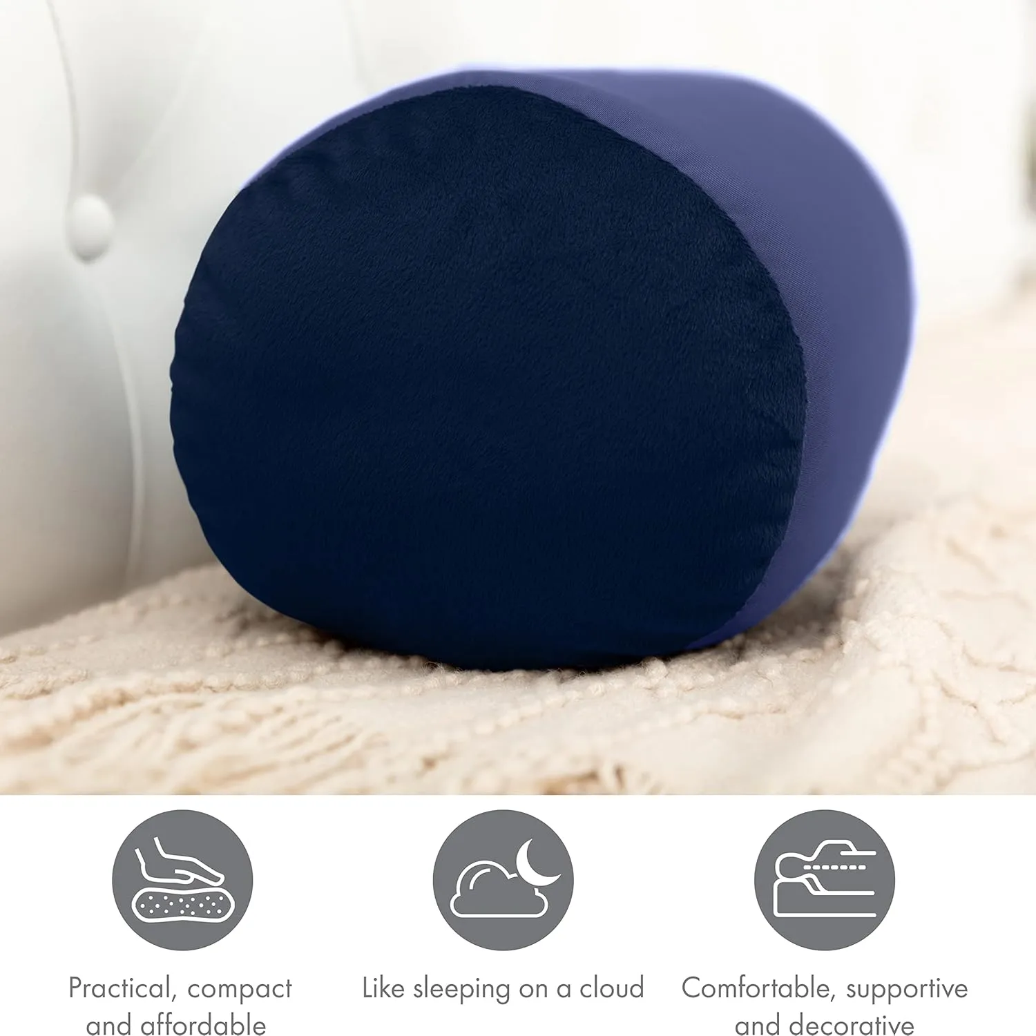 PILLOWY Microbead Bolster Neck Roll Pillow, Gently On Body, Head, Neck & Shoulders No Pain Rest, Relax Sleep - Silky Feel Prevent Wrinkles & Hair Breakage - Lightweight Cylinder, 14" x 8", Dark Blue