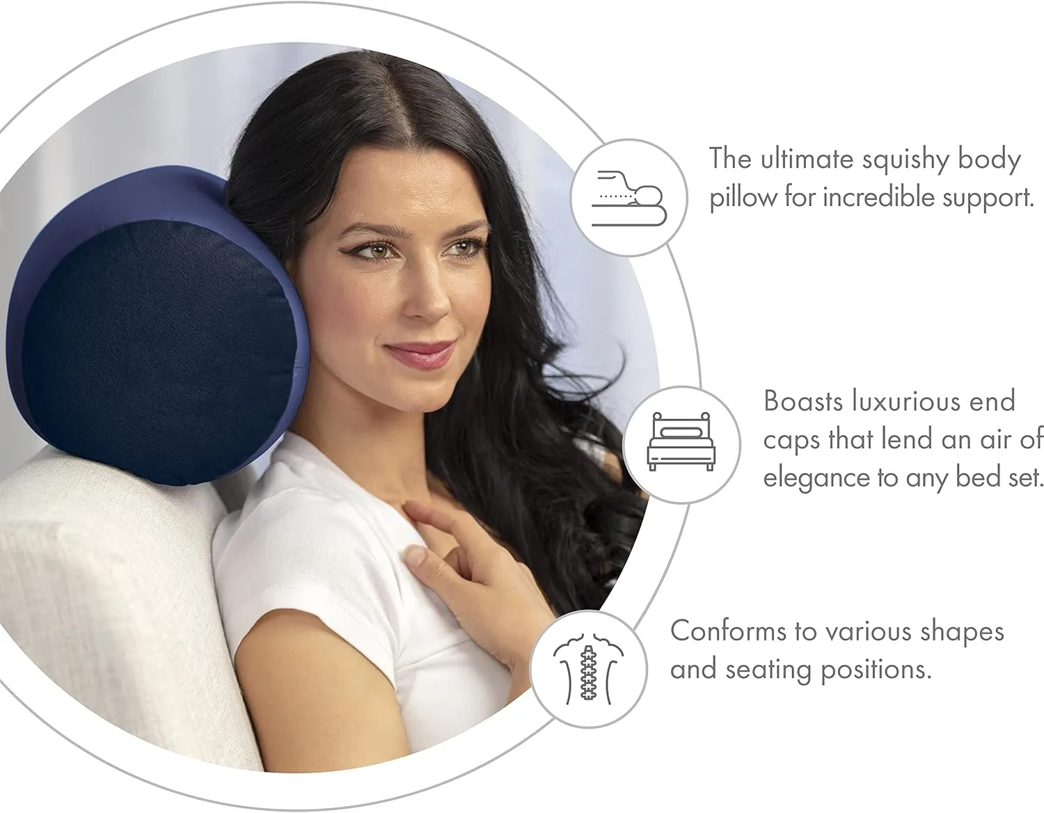 PILLOWY Microbead Bolster Neck Roll Pillow, Gently On Body, Head, Neck & Shoulders No Pain Rest, Relax Sleep - Silky Feel Prevent Wrinkles & Hair Breakage - Lightweight Cylinder, 14" x 8", Dark Blue