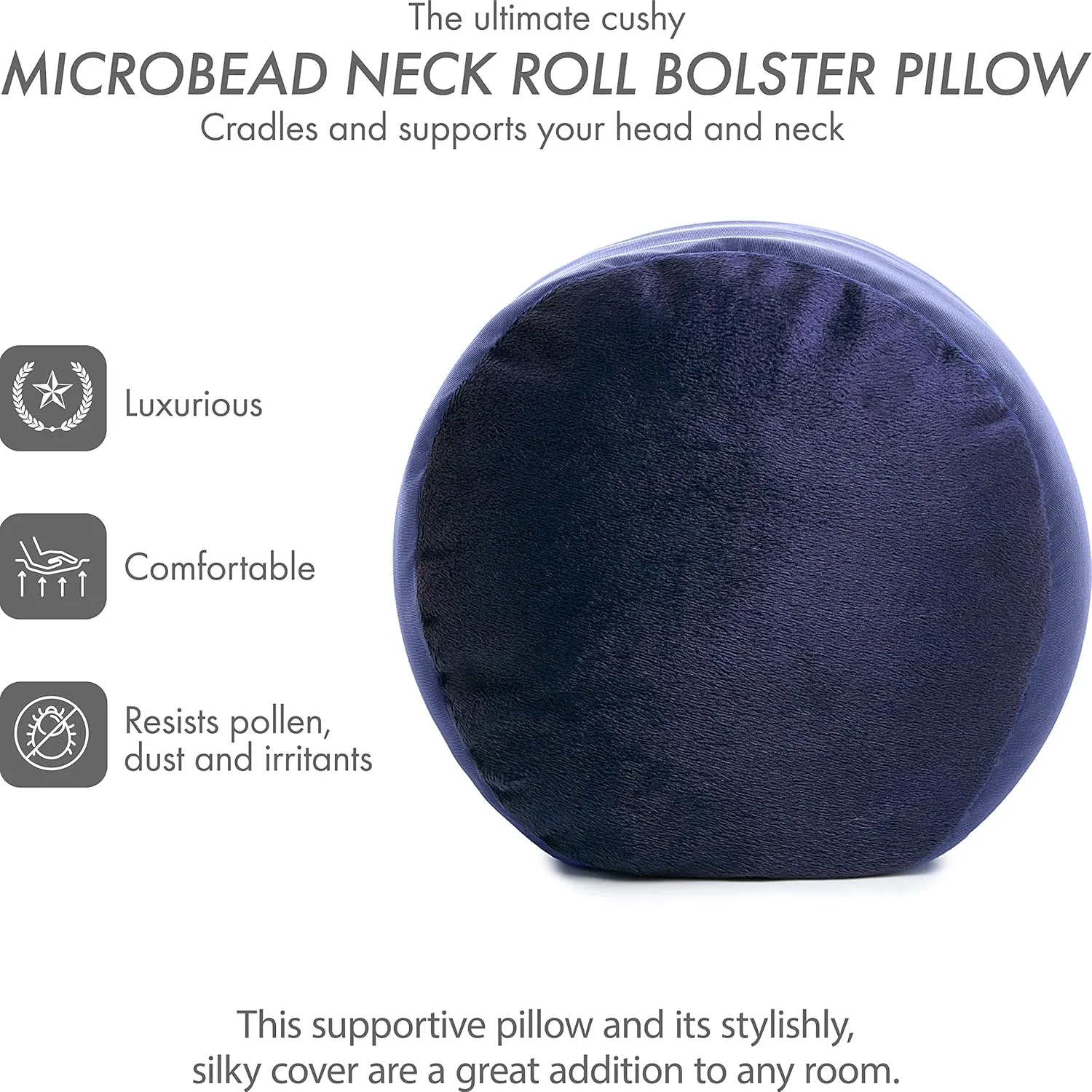 PILLOWY Microbead Bolster Neck Roll Pillow, Gently On Body, Head, Neck & Shoulders No Pain Rest, Relax Sleep - Silky Feel Prevent Wrinkles & Hair Breakage - Lightweight Cylinder, 14" x 8", Dark Blue