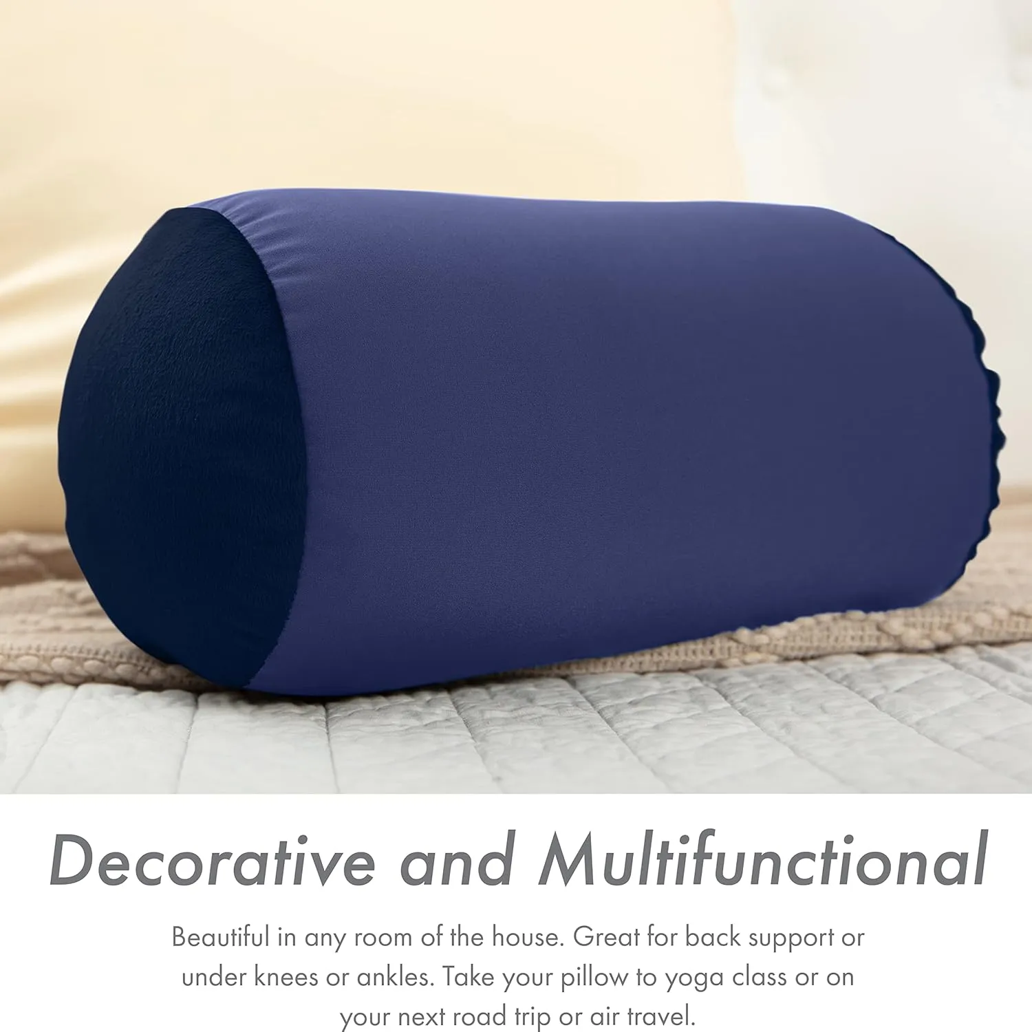 PILLOWY Microbead Bolster Neck Roll Pillow, Gently On Body, Head, Neck & Shoulders No Pain Rest, Relax Sleep - Silky Feel Prevent Wrinkles & Hair Breakage - Lightweight Cylinder, 14" x 8", Dark Blue