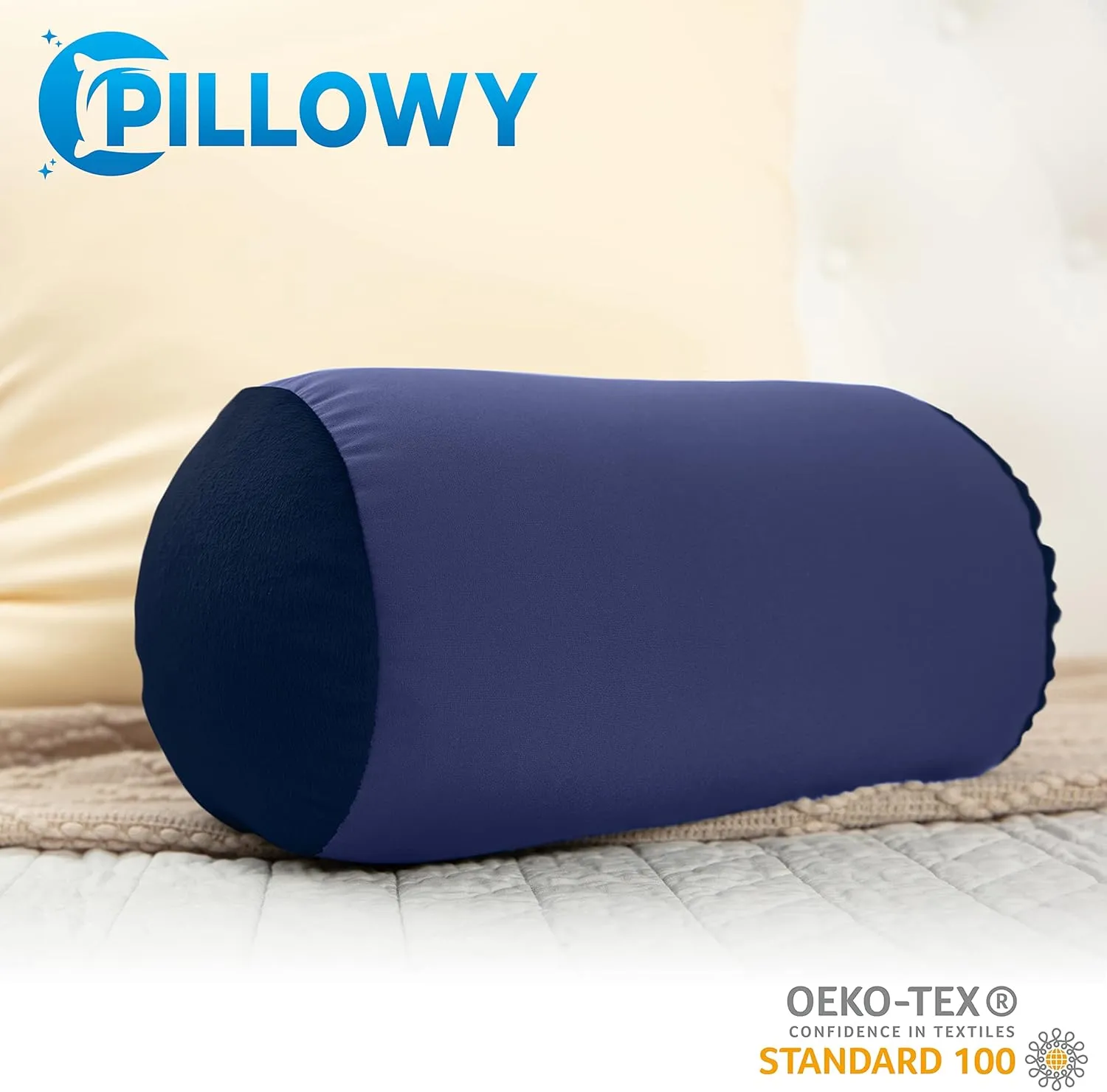 PILLOWY Microbead Bolster Neck Roll Pillow, Gently On Body, Head, Neck & Shoulders No Pain Rest, Relax Sleep - Silky Feel Prevent Wrinkles & Hair Breakage - Lightweight Cylinder, 14" x 8", Dark Blue
