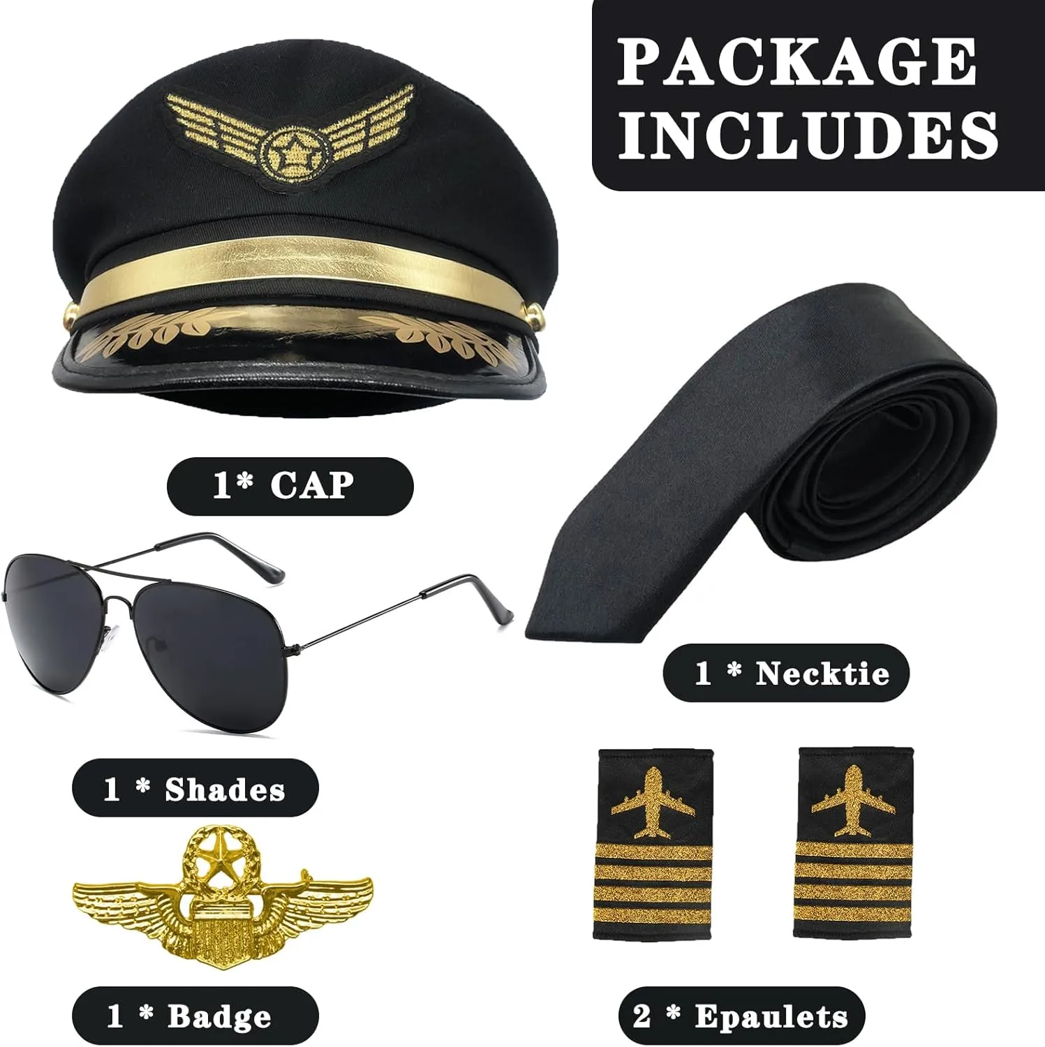 Pilot Costume Accessories Set Airline Pilot Captain Costume Kit with Aviator Sunglasses Dress Up Accessory Set