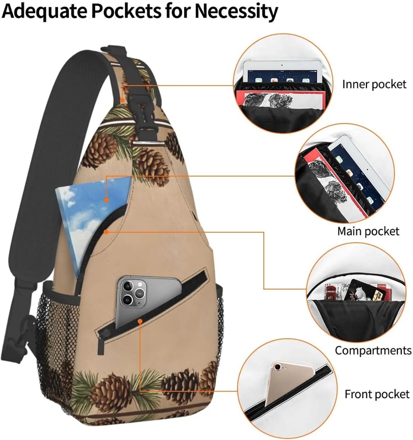 Pine Cone Border Print Cross Chest Bag Diagonally Durable & Comfortable For Travel And Daily Use