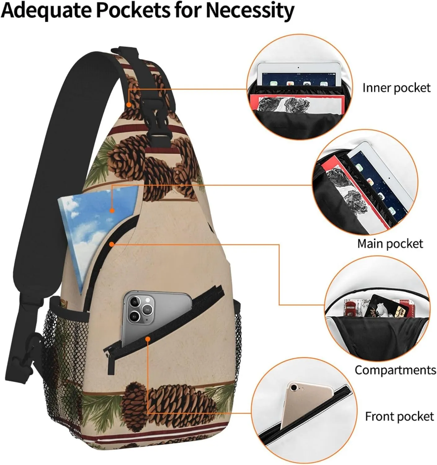 Pine Cone Border Print Cross Chest Bag Diagonally - High-Capacity For Short Trips, Work, And Daily Use