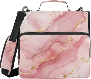 Pink Gold Watercolor Marble Zipper Binder with Shoulder Strap Trapper Keeper 3 Ring Binder Organizer Large Capacity Multiple Compartments for School Office