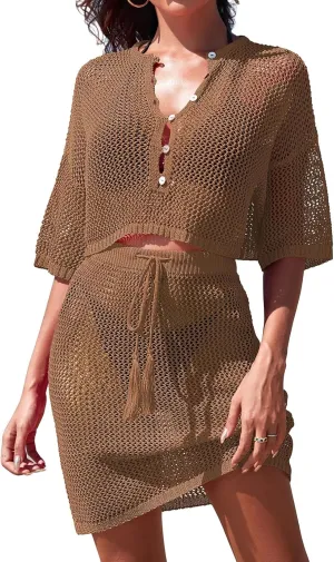 Pink Queen 2 Piece Crochet Swimsuit Cover Ups for Women Hollow Out Knitted Bathing Suit Coverup Beach Crop Top and Skirt Sets