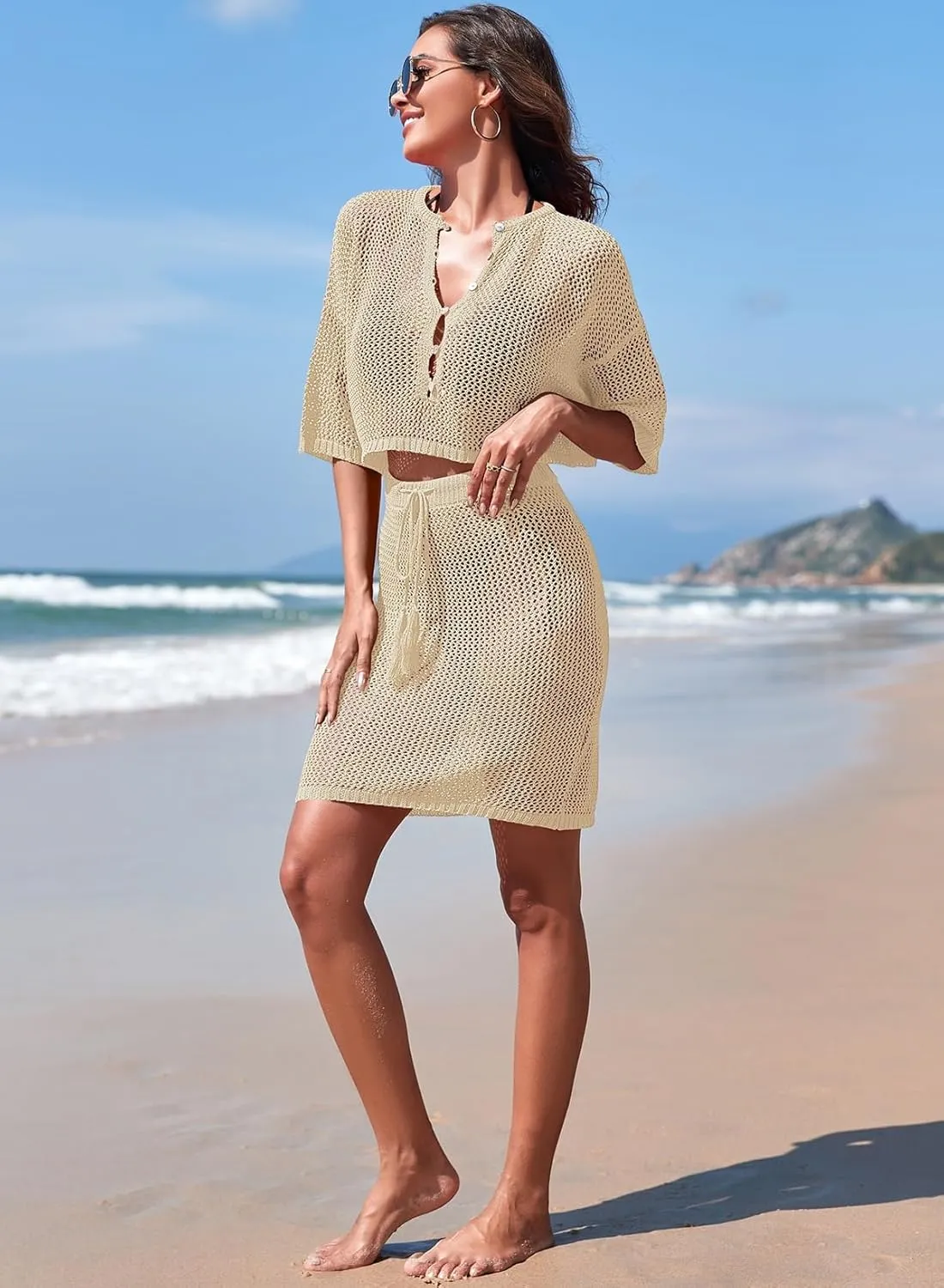 Pink Queen 2 Piece Crochet Swimsuit Cover Ups for Women Hollow Out Knitted Bathing Suit Coverup Beach Crop Top and Skirt Sets