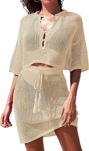 Pink Queen 2 Piece Crochet Swimsuit Cover Ups for Women Hollow Out Knitted Bathing Suit Coverup Beach Crop Top and Skirt Sets