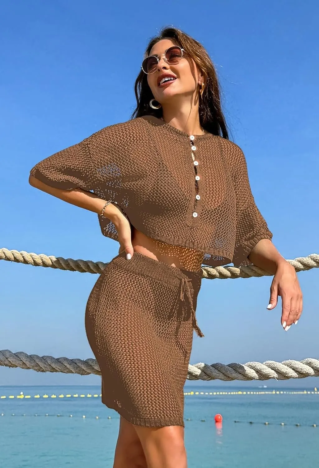 Pink Queen 2 Piece Crochet Swimsuit Cover Ups for Women Hollow Out Knitted Bathing Suit Coverup Beach Crop Top and Skirt Sets