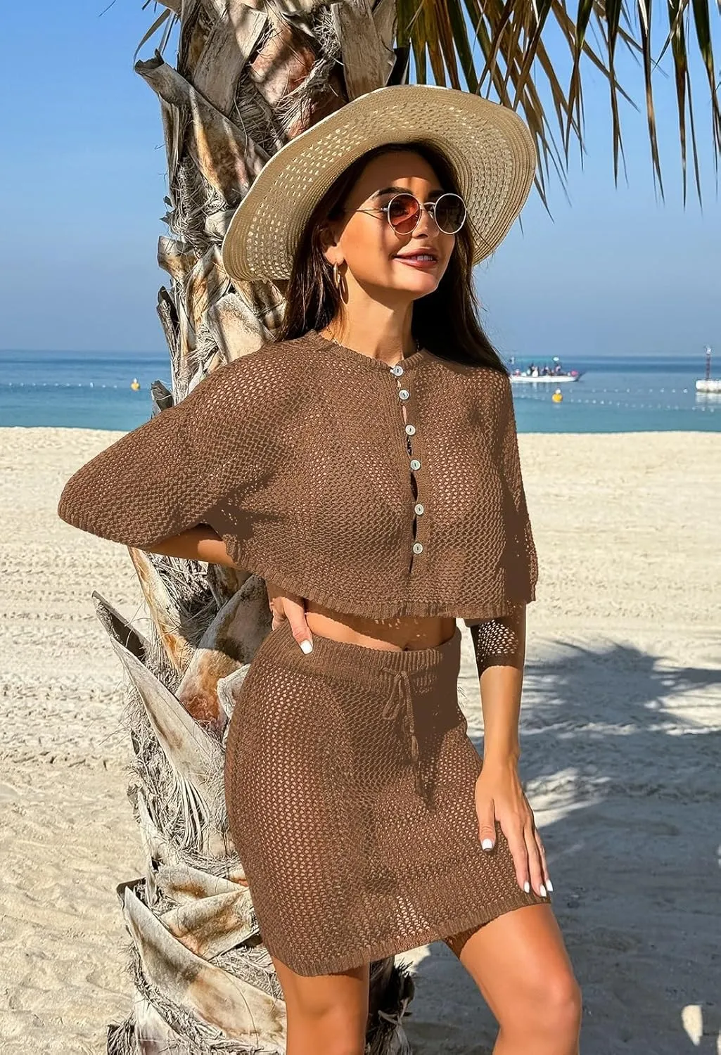 Pink Queen 2 Piece Crochet Swimsuit Cover Ups for Women Hollow Out Knitted Bathing Suit Coverup Beach Crop Top and Skirt Sets