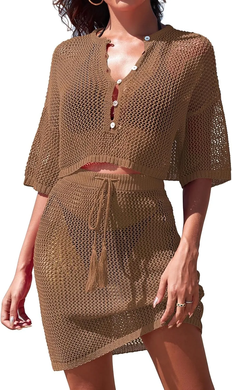 Pink Queen 2 Piece Crochet Swimsuit Cover Ups for Women Hollow Out Knitted Bathing Suit Coverup Beach Crop Top and Skirt Sets