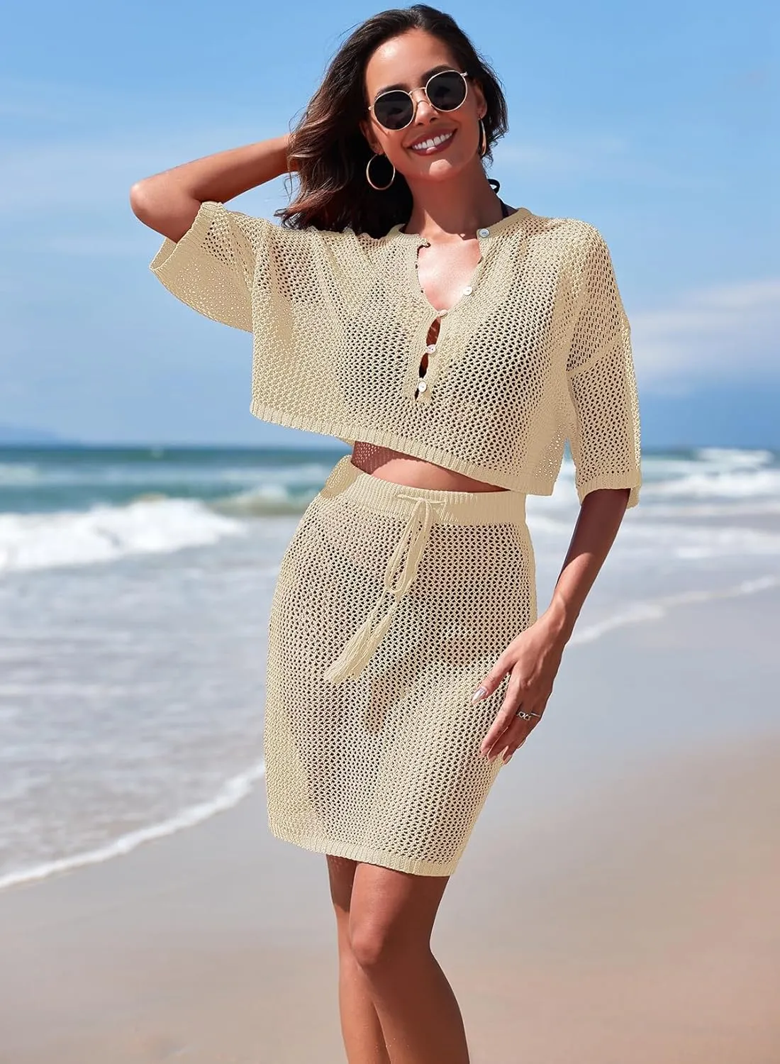 Pink Queen 2 Piece Crochet Swimsuit Cover Ups for Women Hollow Out Knitted Bathing Suit Coverup Beach Crop Top and Skirt Sets