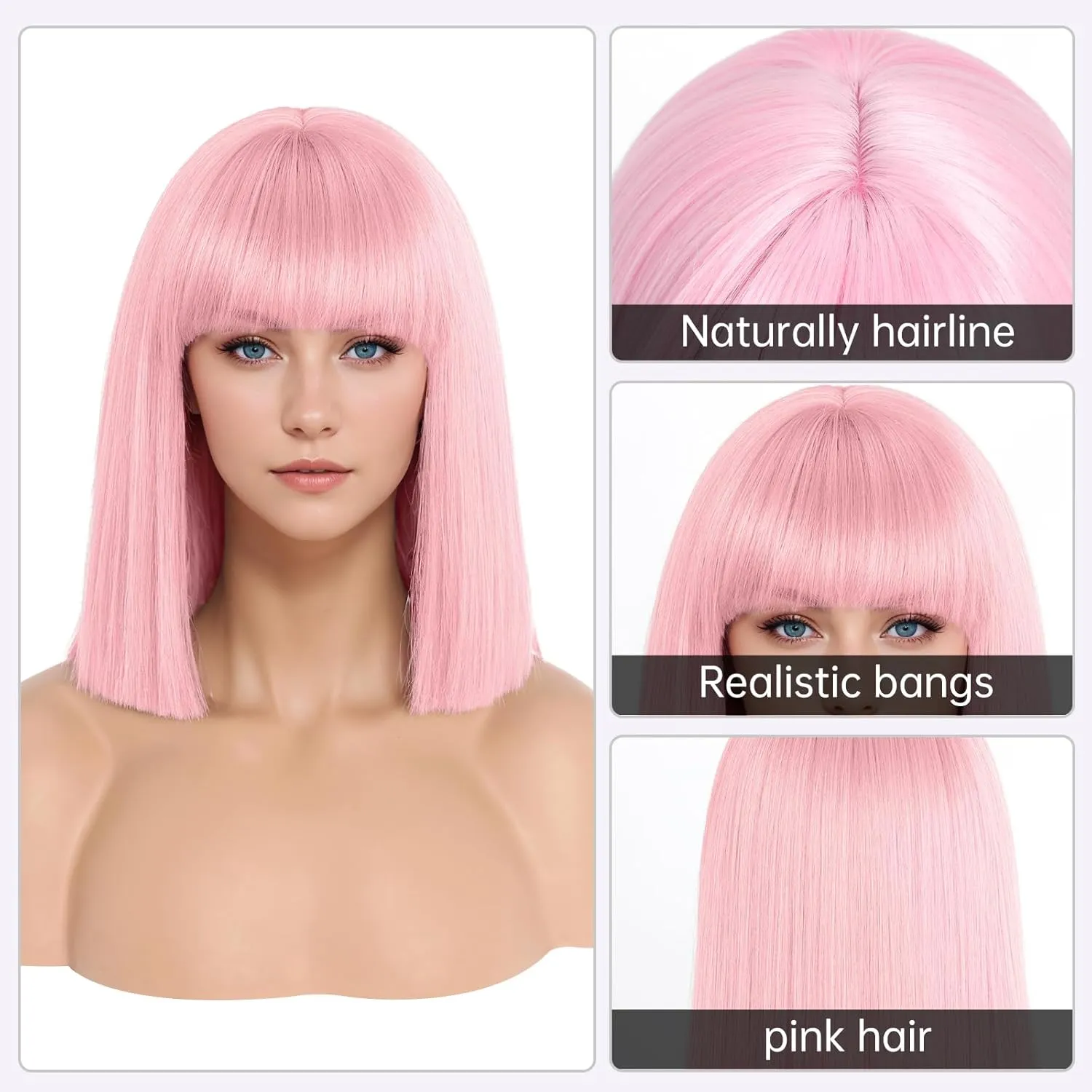 Pink Wig With Bangs Short Bob Straight Wigs for Women Shoulder Length Pink Natural Looking Synthetic Heat Resistant Fiber Wigs for Halloween Costumes Cosplay Daily Use(12 Inch)
