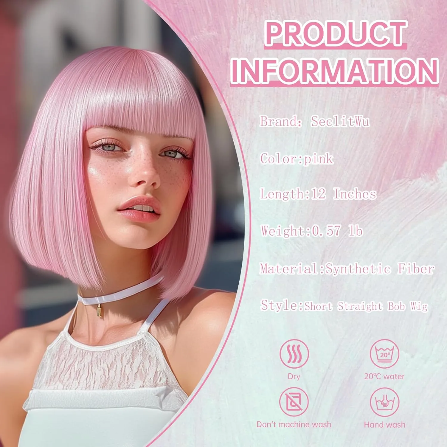 Pink Wig With Bangs Short Bob Straight Wigs for Women Shoulder Length Pink Natural Looking Synthetic Heat Resistant Fiber Wigs for Halloween Costumes Cosplay Daily Use(12 Inch)