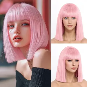 Pink Wig With Bangs Short Bob Straight Wigs for Women Shoulder Length Pink Natural Looking Synthetic Heat Resistant Fiber Wigs for Halloween Costumes Cosplay Daily Use(12 Inch)