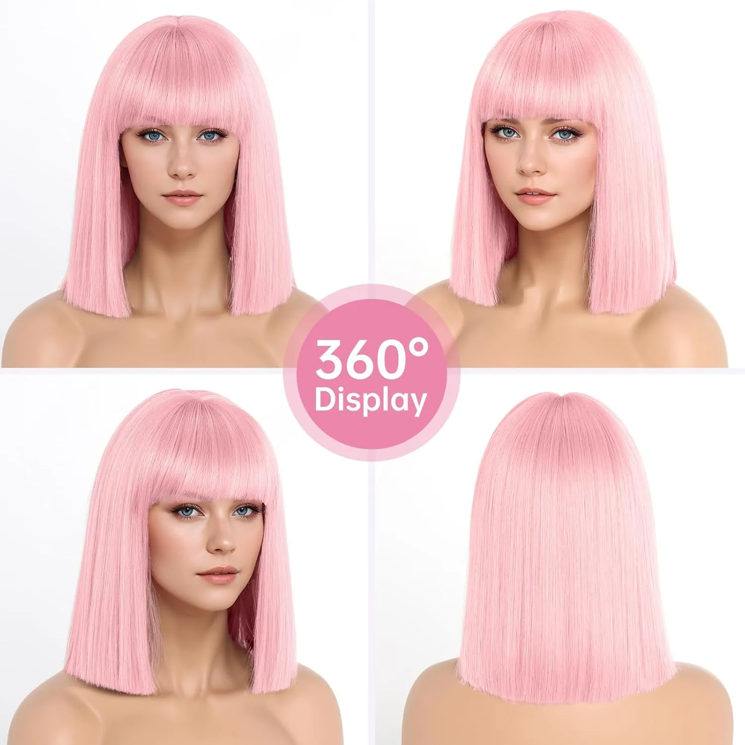 Pink Wig With Bangs Short Bob Straight Wigs for Women Shoulder Length Pink Natural Looking Synthetic Heat Resistant Fiber Wigs for Halloween Costumes Cosplay Daily Use(12 Inch)