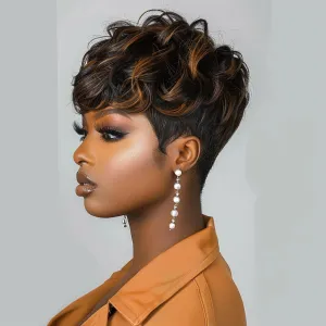 Pixie Cut Wig Short Curly Wigs for Black Women Black Mixed Grey Curly Wig with Bangs Afro Wigs for Black Women Natural Wavy Synthetic Wigs for Women (Black And Brown)