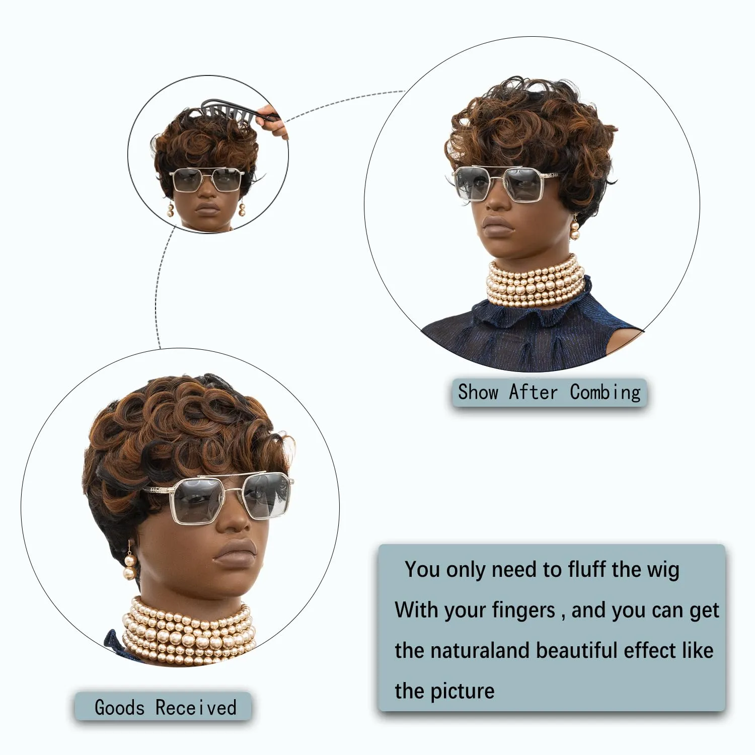 Pixie Cut Wig Short Curly Wigs for Black Women Black Mixed Grey Curly Wig with Bangs Afro Wigs for Black Women Natural Wavy Synthetic Wigs for Women (Black And Brown)